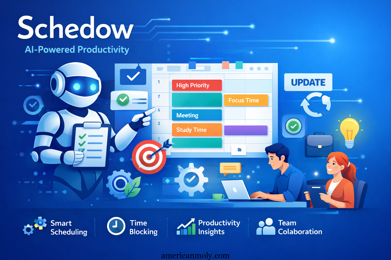 Schedow AI productivity platform showing smart scheduling, task management, and AI-powered calendar automation dashboard