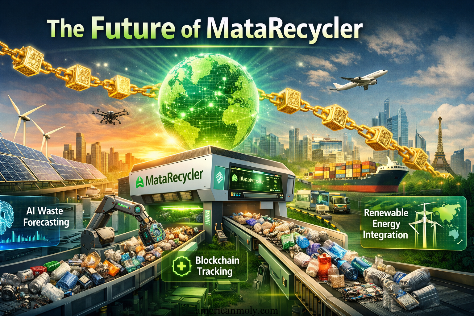 Futuristic AI-driven MataRecycler system with smart bins, robotic sorting, blockchain tracking, and renewable energy integration for waste management