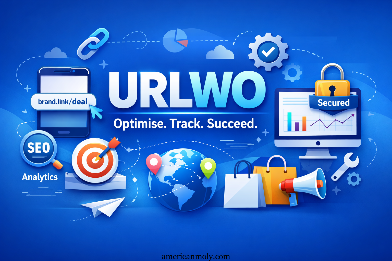 URLWO concept illustration showing URL optimisation, analytics tracking, SEO tools, and digital marketing workflow on a blue background