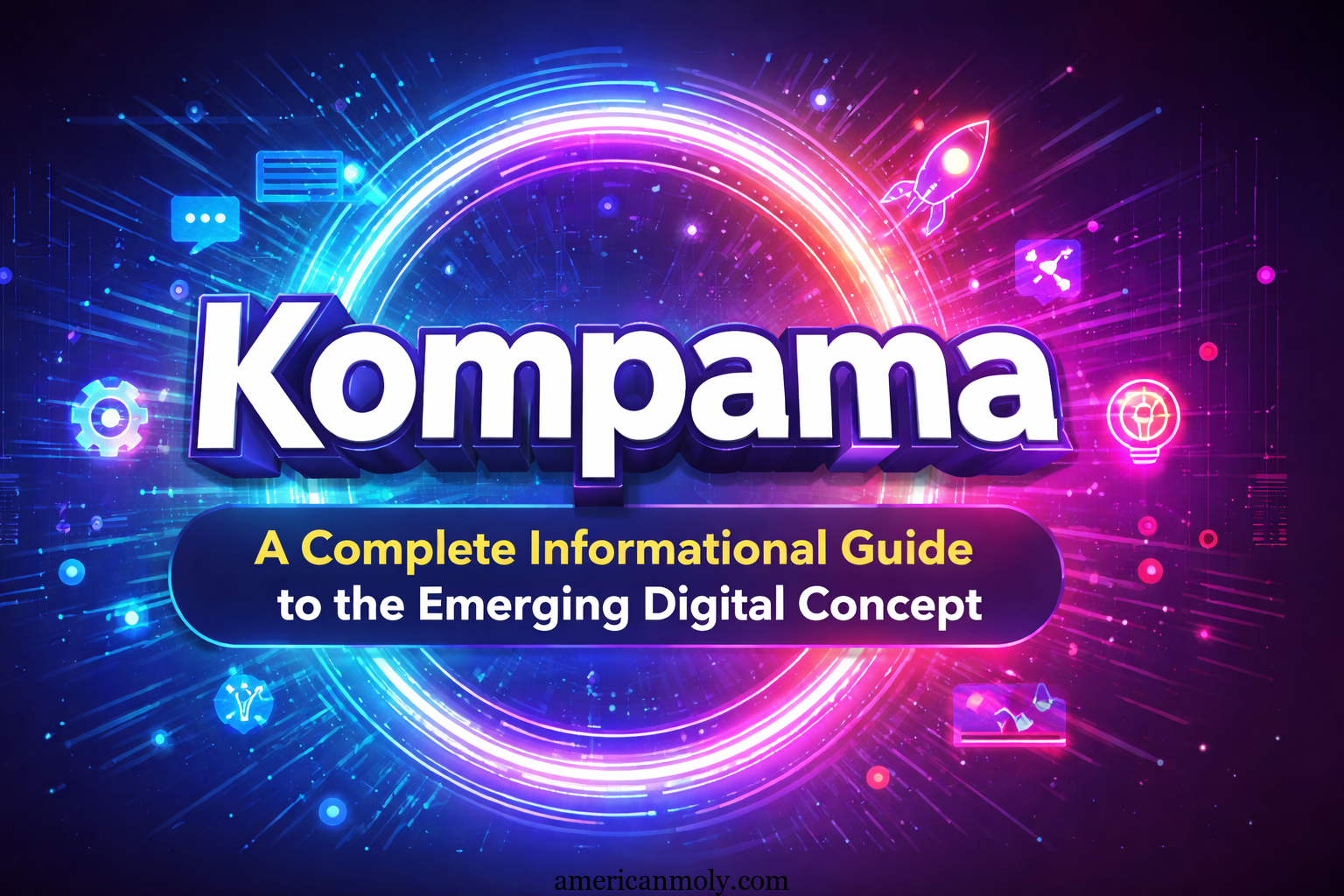 Kompama digital concept banner showing a futuristic design with title Kompama and subtitle informational guide on online branding