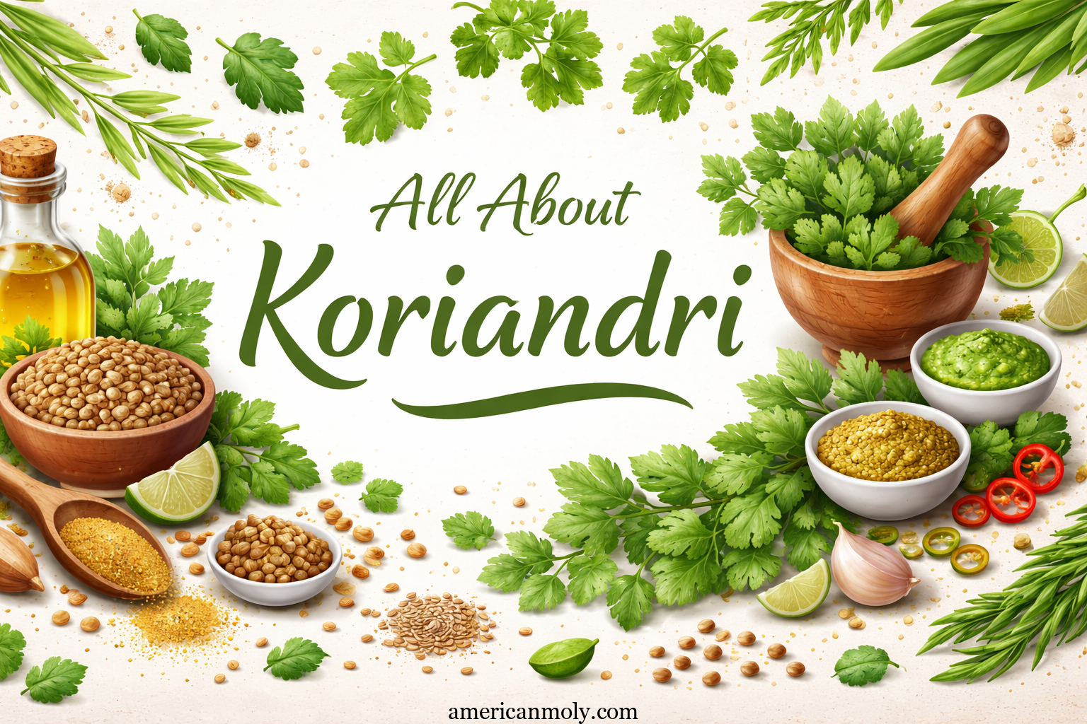 Fresh koriandri (coriander) leaves, seeds, and spices arranged with herbs showing its culinary and health benefits