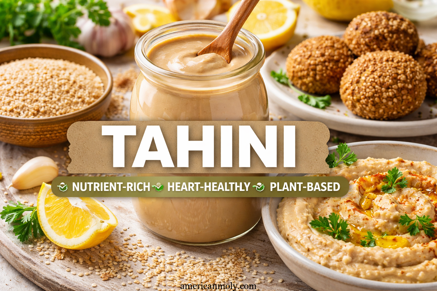 A bowl of creamy Tahini with sesame seeds around it, representing its natural origin and nutritional richness.